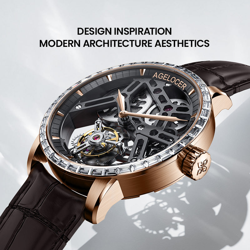 Agelocer Tourbillon Men's Hollow Mechanical Watch -  Golden Genuine Leather Strap Diamond Watch