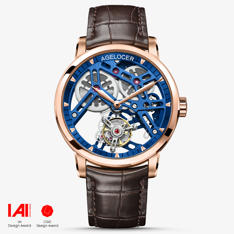 Agelocer Manual Tourbillon Men's Golden Black Skeleton Mechanical Watch (US Warehouse)