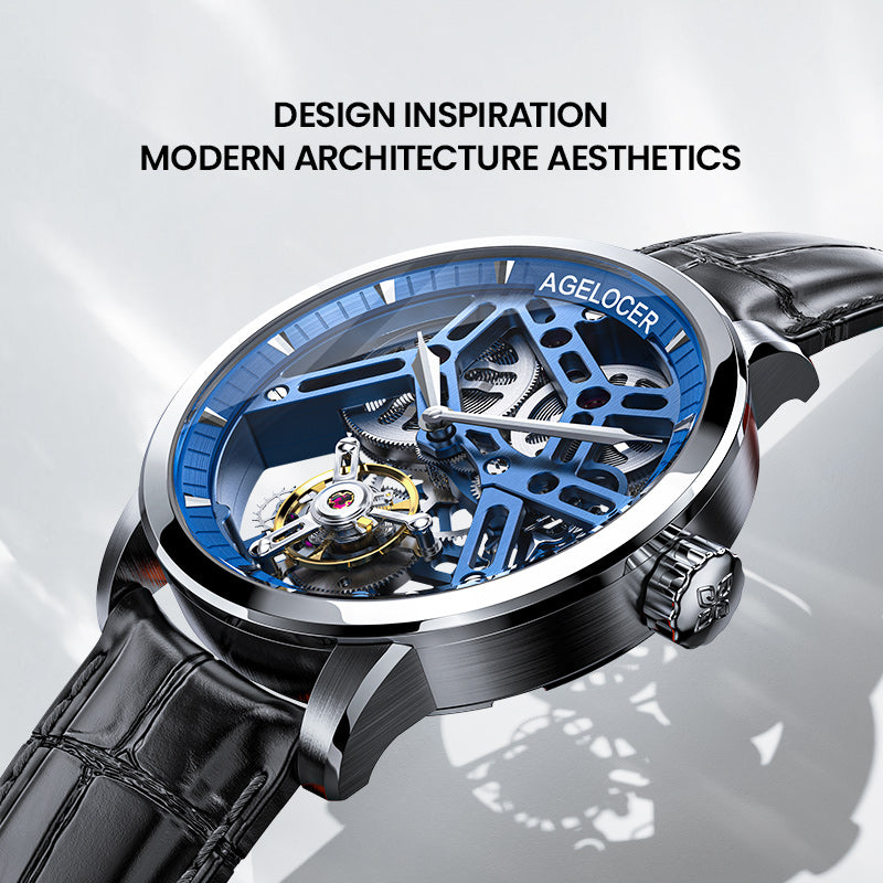 Agelocer Original Manual Winding Free-Sprung Flying Tourbillon Men's Skeleton Mechanical Watch Blue Silver (US Warehouse)