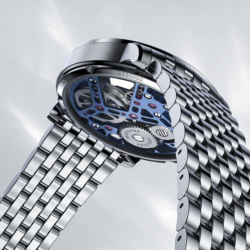 Agelocer Tourbillon Men's Hollow Mechanical Watch - Blue Steel Strap Diamond Watch