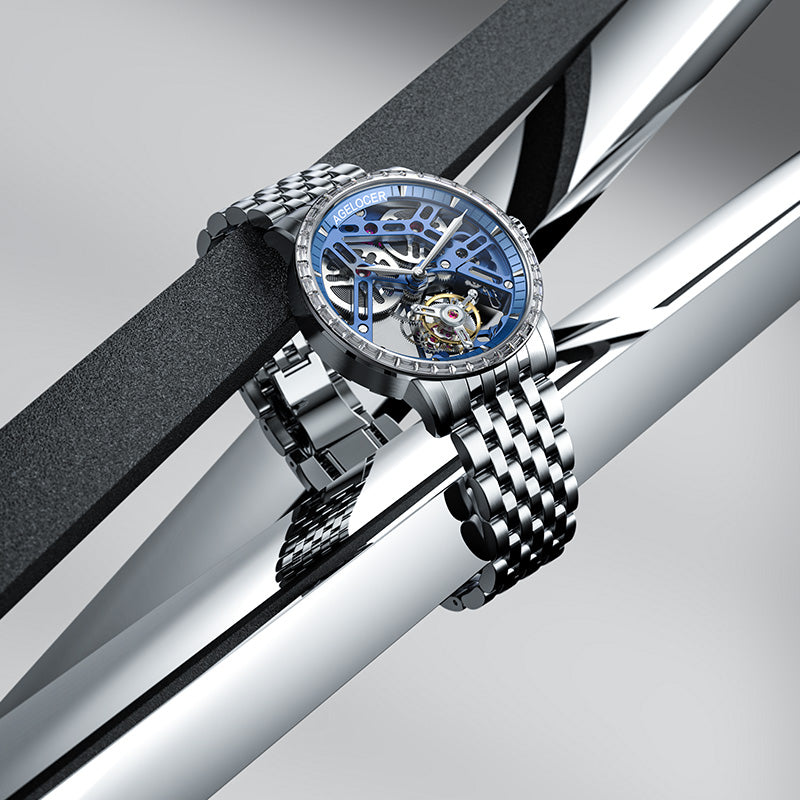 Agelocer Tourbillon Men's Hollow Mechanical Watch - Blue Steel Strap Diamond Watch