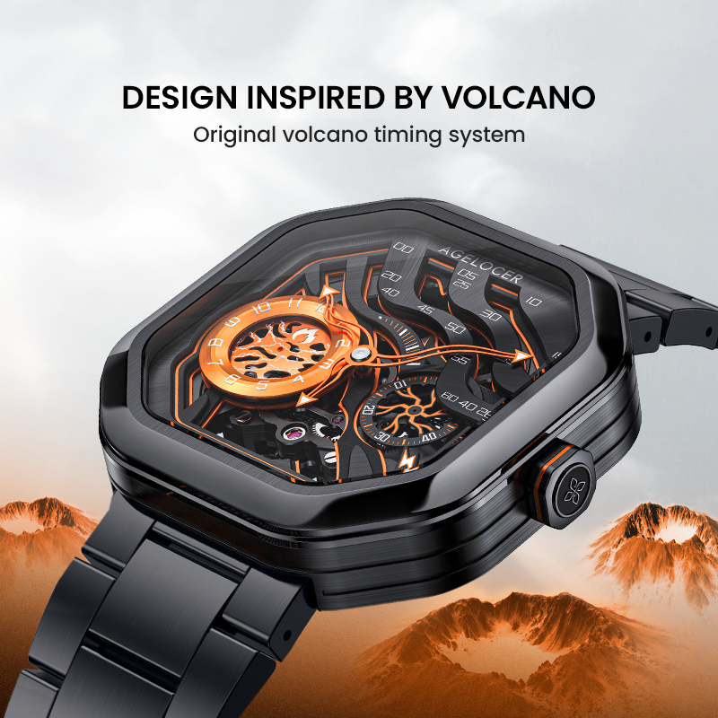 Agelocer Volcano Watch Innovative Volcano Men's Flame Orange Luminous Automatic Mechanical Watch Steel Strap