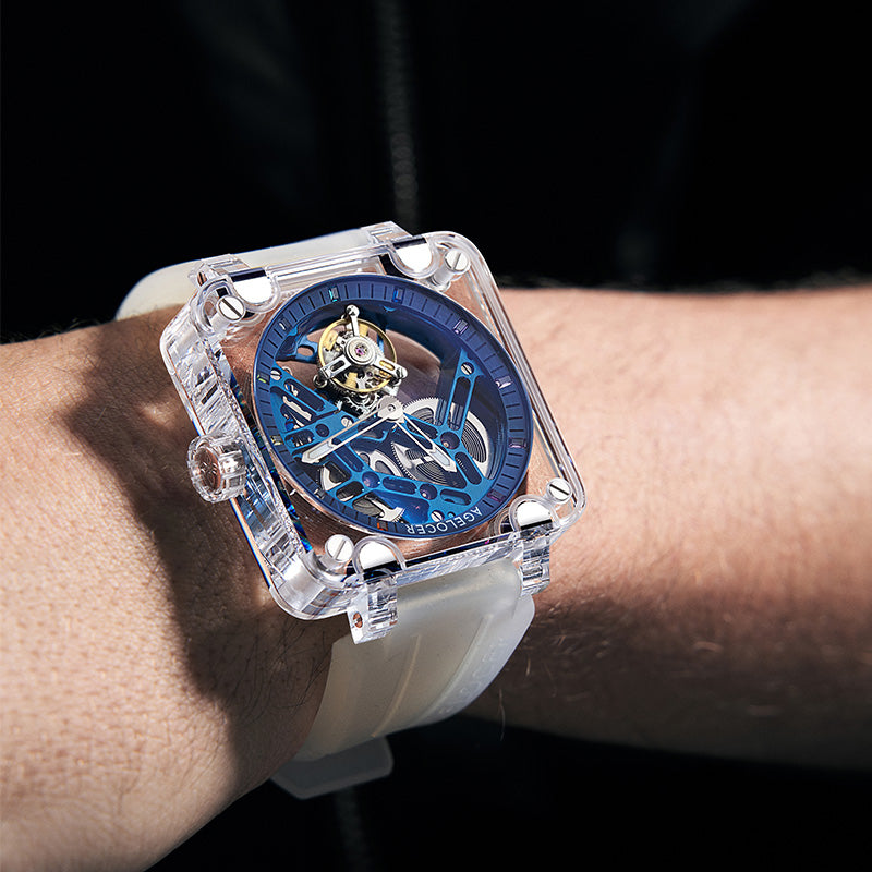 Agelocer Tourbillon Men's Limited Edition Blue Skeleton Mechanical Watch - Sapphire Case