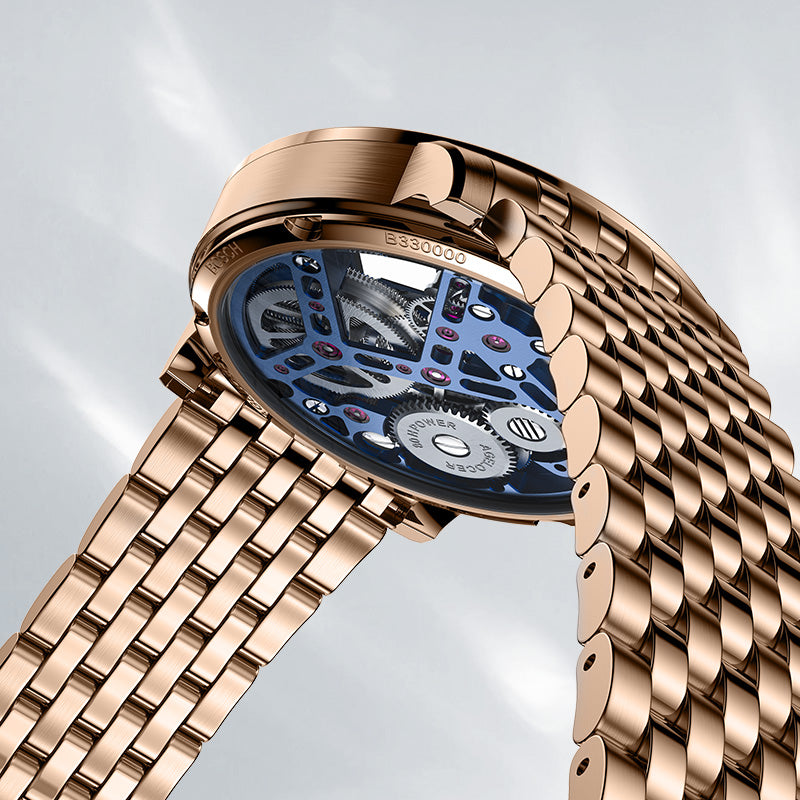 Agelocer Tourbillon Men's Skeleton Mechanical Watch-Blue Glod Steel Strap