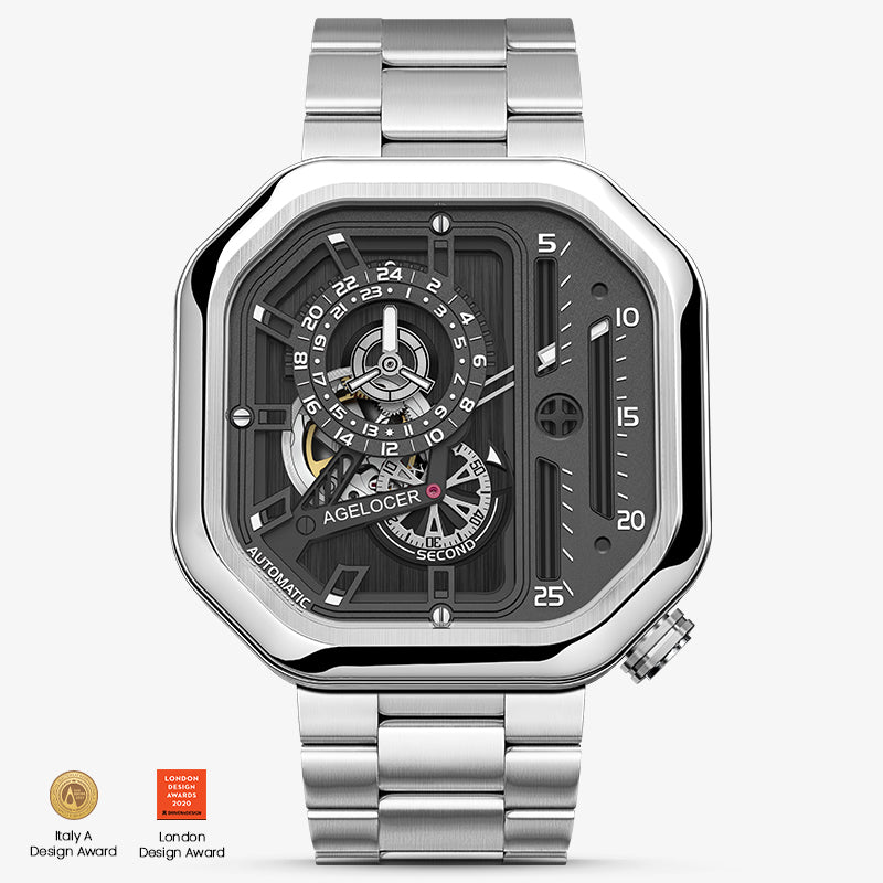 Agelocer Racing Series Watch Men's Square Automatic Mechanical Watch Silver Steel Strap