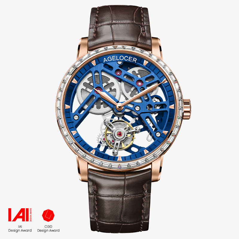 Agelocer Tourbillon Men's Hollow Mechanical Watch -  Golden Blue Genuine Leather Strap Diamond Watch