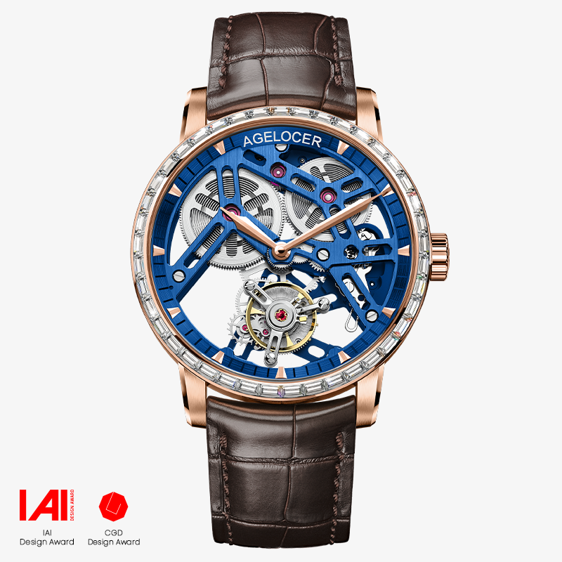 Agelocer Tourbillon Men's Hollow Mechanical Watch -  Golden Genuine Leather Strap Diamond Watch