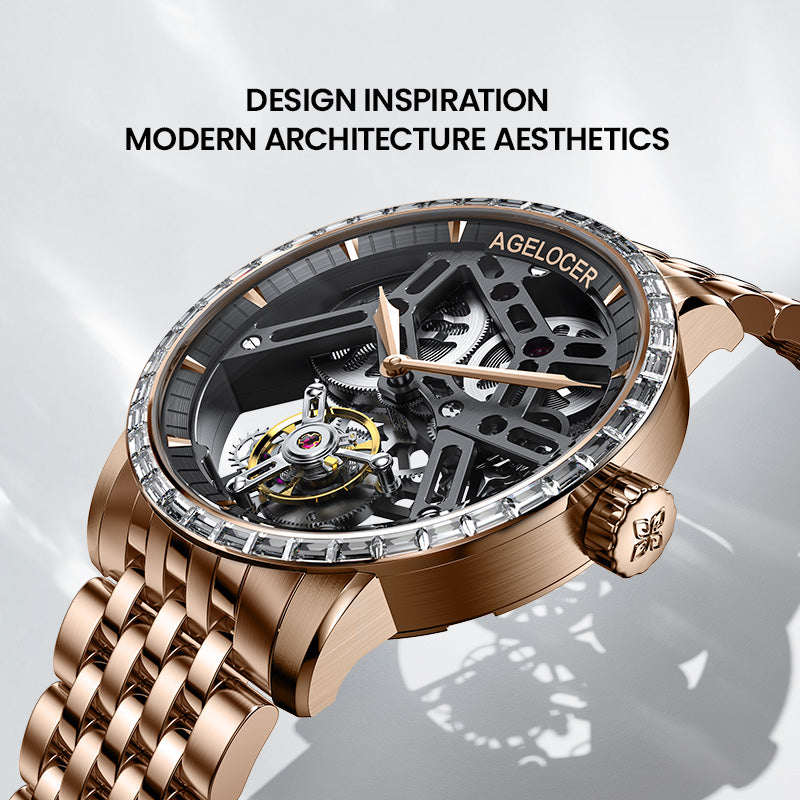 Agelocer Tourbillon Men's Hollow Mechanical Watch - Gloden Steel Strap Diamond Watch