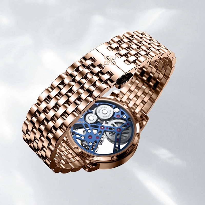 Agelocer Tourbillon Men's Hollow Mechanical Watch - Gloden Blue Steel Strap Diamond Watch