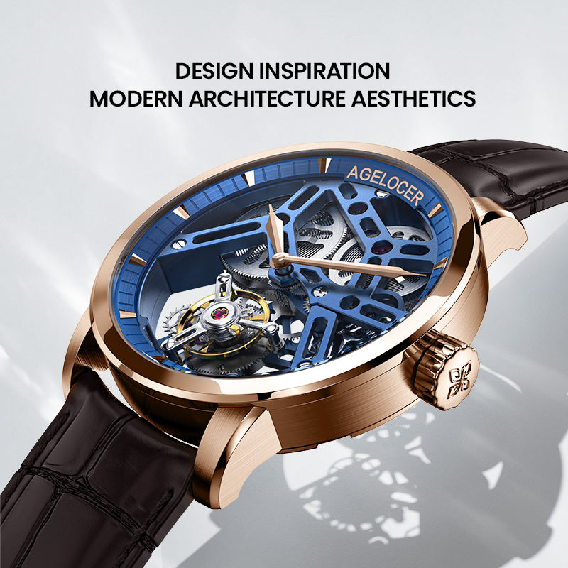 Agelocer Tourbillon Men's Golden Bule Skeleton Mechanical Watch (US Warehouse)