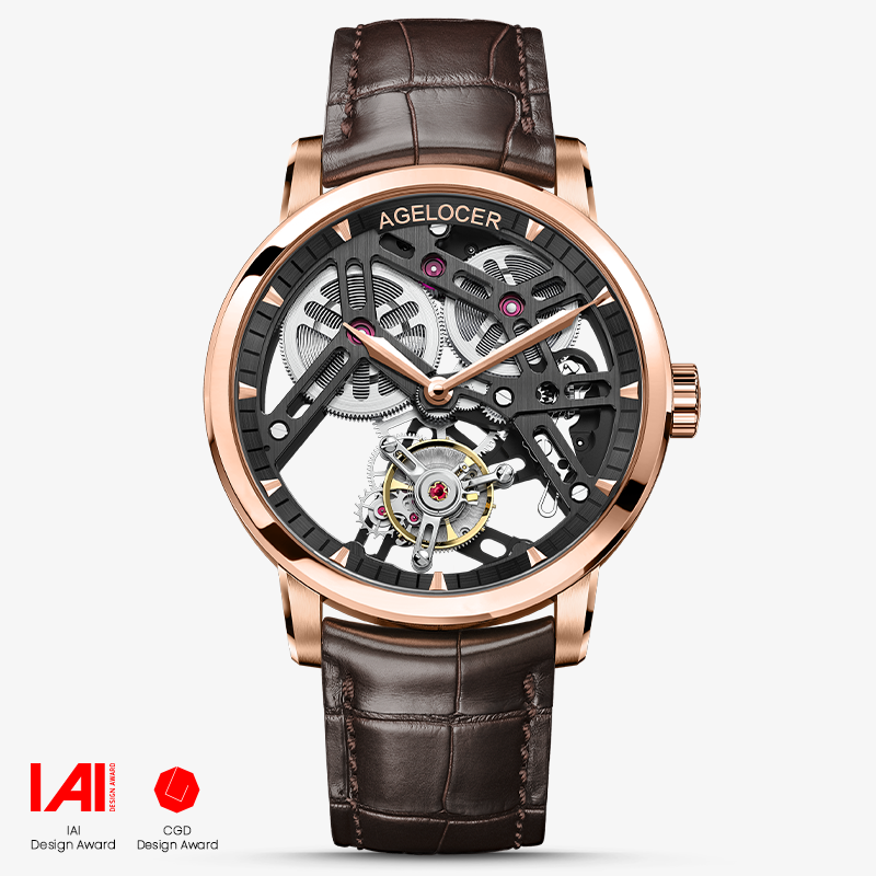 Agelocer Manual Tourbillon Men's Golden Black Skeleton Mechanical Watch (US Warehouse)