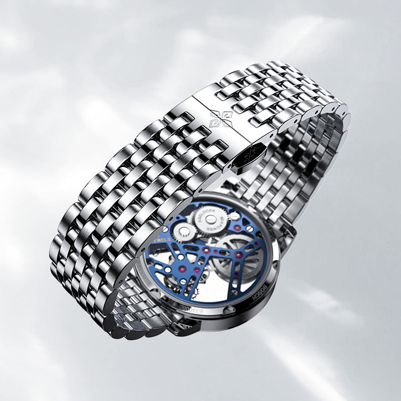 Agelocer Tourbillon Men's Hollow Mechanical Watch - Blue Steel Strap Diamond Watch