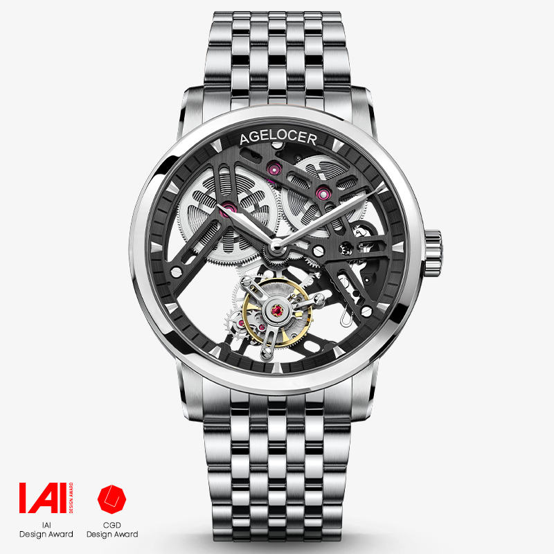 Agelocer Tourbillon Men's Skeleton Mechanical Watch-Steel Strap