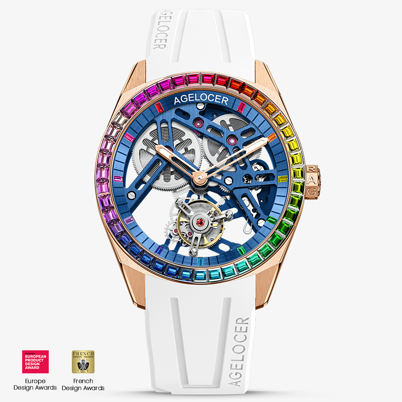 Agelocer Tourbillon Fluoro Rubber Men's Hollow Sliver Mechanical Watch - Rainbow Bezel