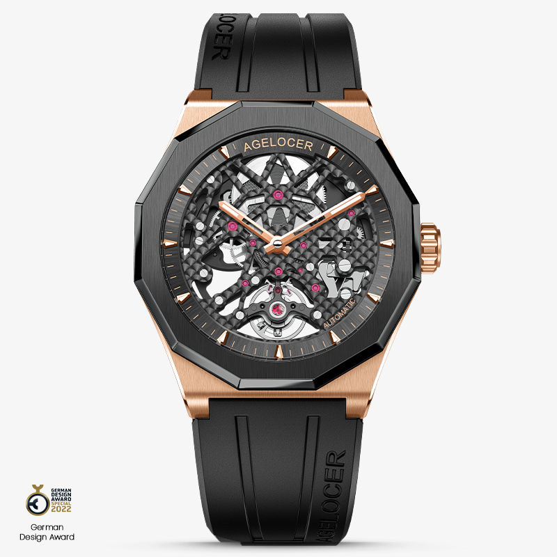 Agelocer Schwarzwald  Men's Double Skeleton Automatic Mechanical Watch - Ceramic Bezel