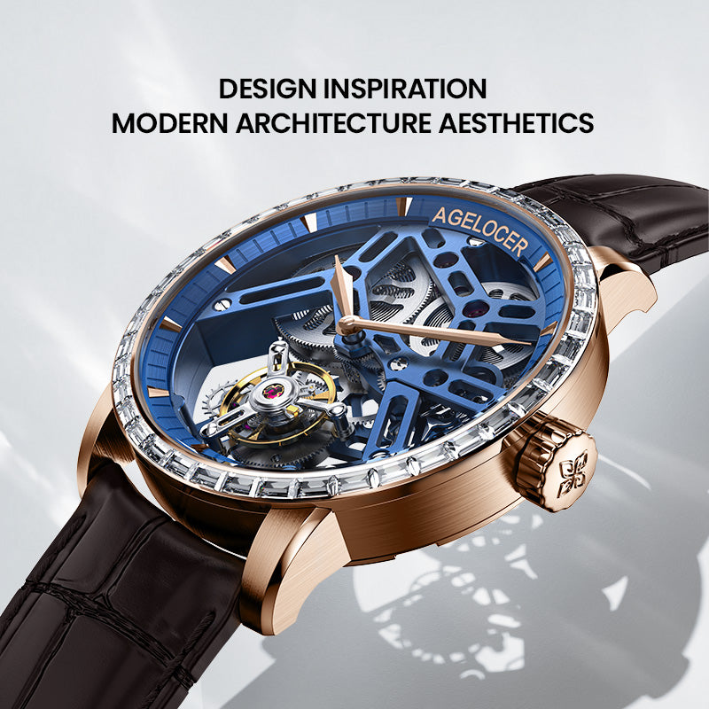 Agelocer Tourbillon Men's Hollow Mechanical Watch -  Golden Blue Genuine Leather Strap Diamond Watch