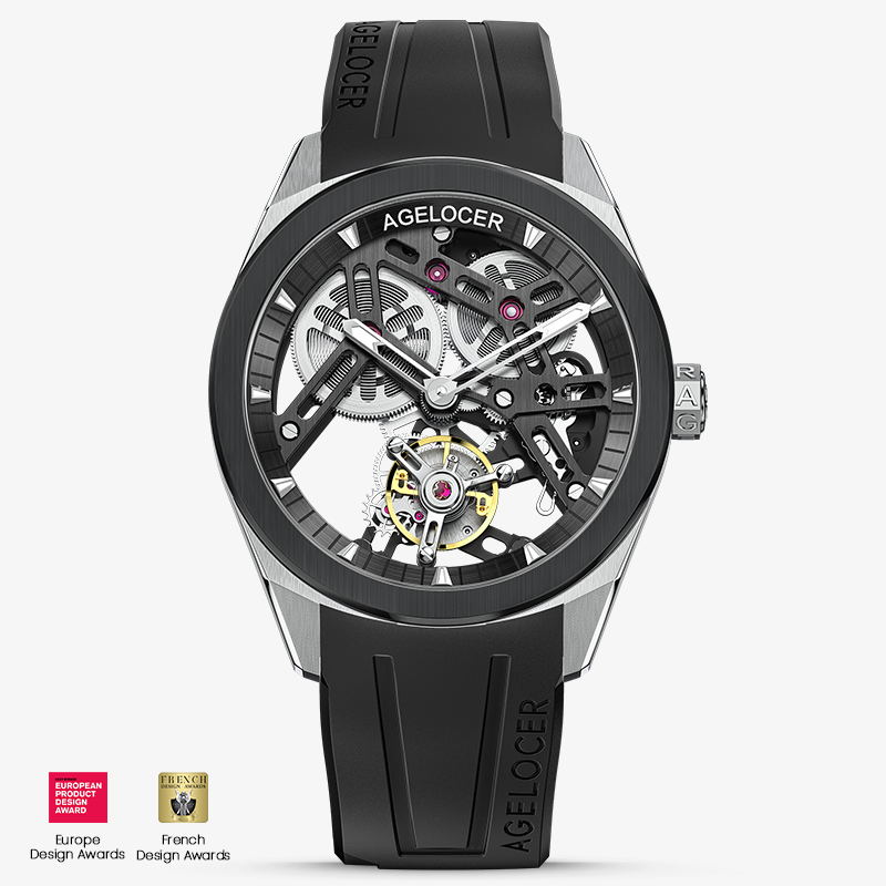 Agelocer Tourbillon Men's New Hollow Black Mechanical Watch - Ceramic Bezel