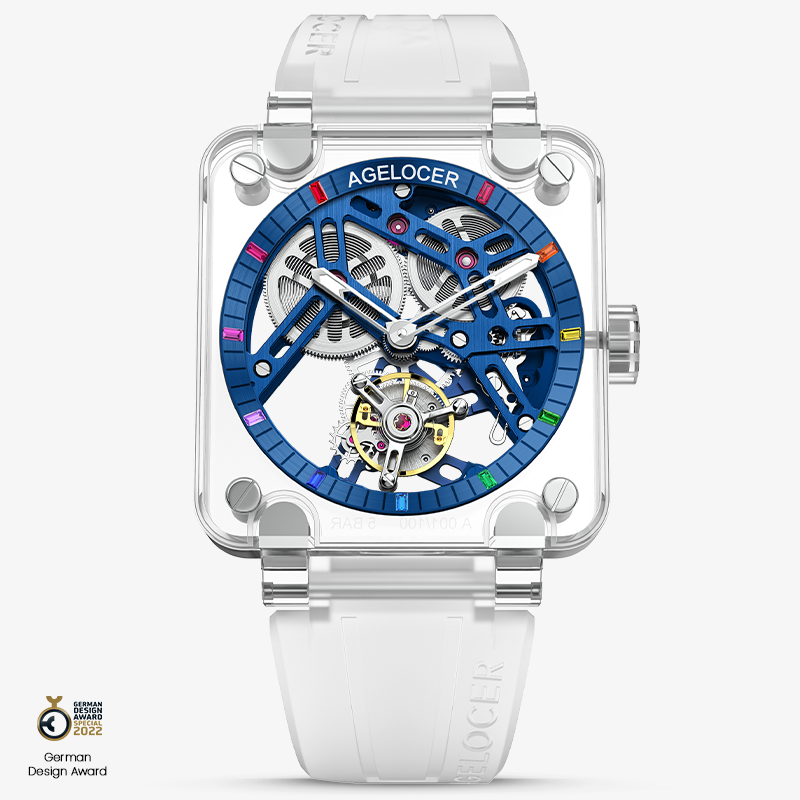 Agelocer Manual Winding Tourbillon Men's Limited Edition Full Sapphire Blue Skeleton Mechanical Watch