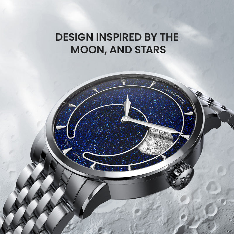 Agelocer Astronomer Men's Automatic Mechanical Moonphase - Natural Blue Silver Steel Strap