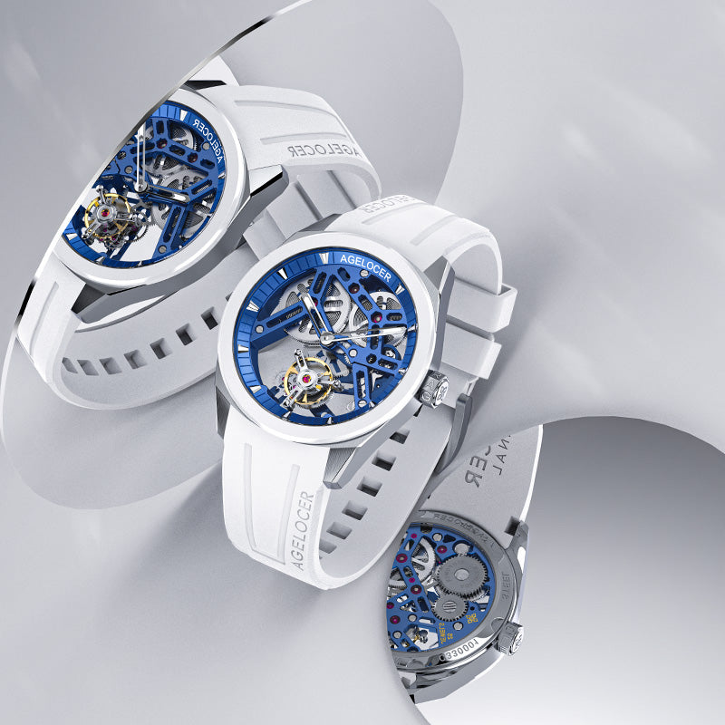 Agelocer Tourbillon Men's New Hollow Blue Mechanical Watch - Ceramic Bezel ((US Warehouse)